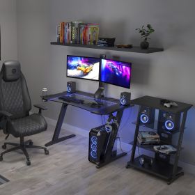 Gaming Desk, Steel Legs, Multicolored LED Lights, Cup Holder, 3 USB Ports, Tempered Glass Accent in Black