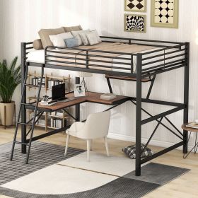 Full Size Loft Metal&MDF Bed with Desk and Shelf, Black