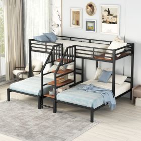 Metal Twin over Twin & Twin Bunk Bed, Triple Bunk Bed with Storage Shelves Staircase, Black