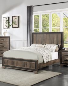 Oak Finish 1pc Queen Size Bed High Headboard MDF Particle Board Bedroom Furniture Bedframe Unique Panel Design