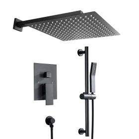 12-inch/10-inch Wall Mount Square Stainless Steel High Pressure Rainfall Shower Head with Handheld Spray Combo, 360 Degree Adjustable Slide Bar (Shower head size: 12 inch, Color: Matte Black)