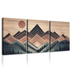 3 Panels Framed Abstract Wood Grain Boho Style Mountain & Forest Canvas Wall Art (Color: as Pic)